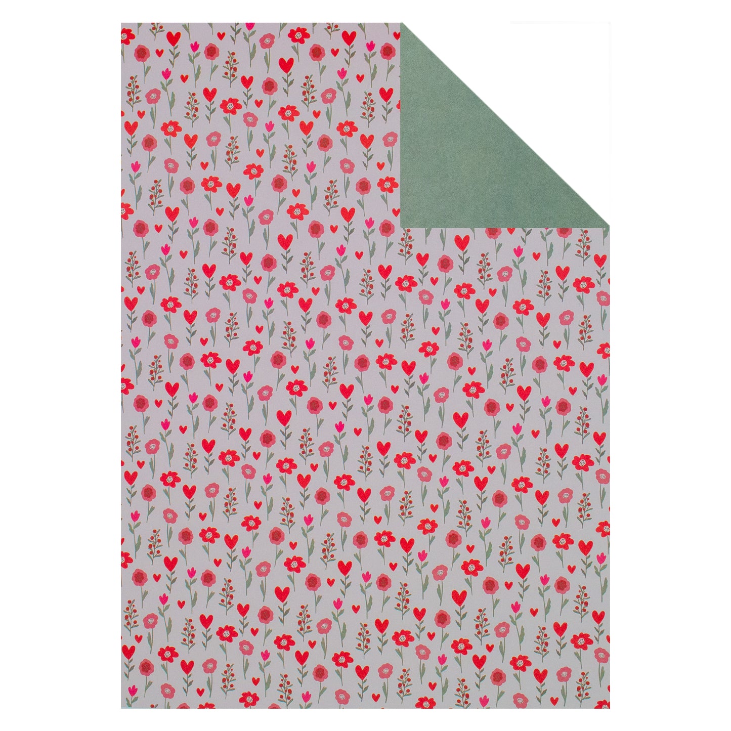 Zarte rote Blumenwiese mit einigen Herzen auf weißem Hintergrund. Rückseite in moosgrün für vielseitige Gestaltungsmöglichkeiten. Stanzi's weißes Designerpapier – perfekt für kreative Projekte.