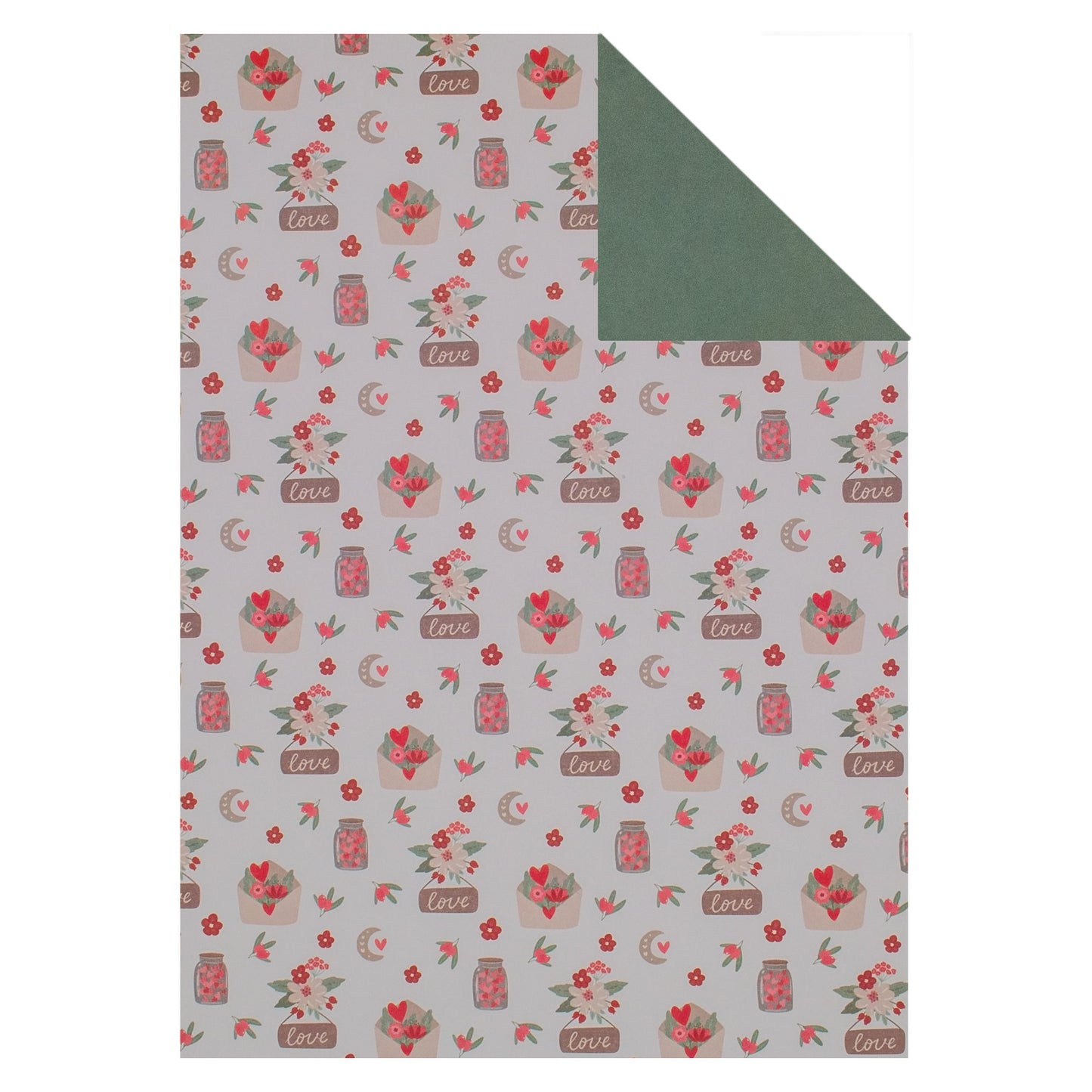 Romantische Liebesgrüße – Blumen in einem Umschlag, Liebesbriefe und das Wort 'Love' auf weißem Hintergrund. Rückseite in Moosgrün für flexible Gestaltungsmöglichkeiten. Stanzi's weißes Designerpapier – ideal für herzliche Botschaften