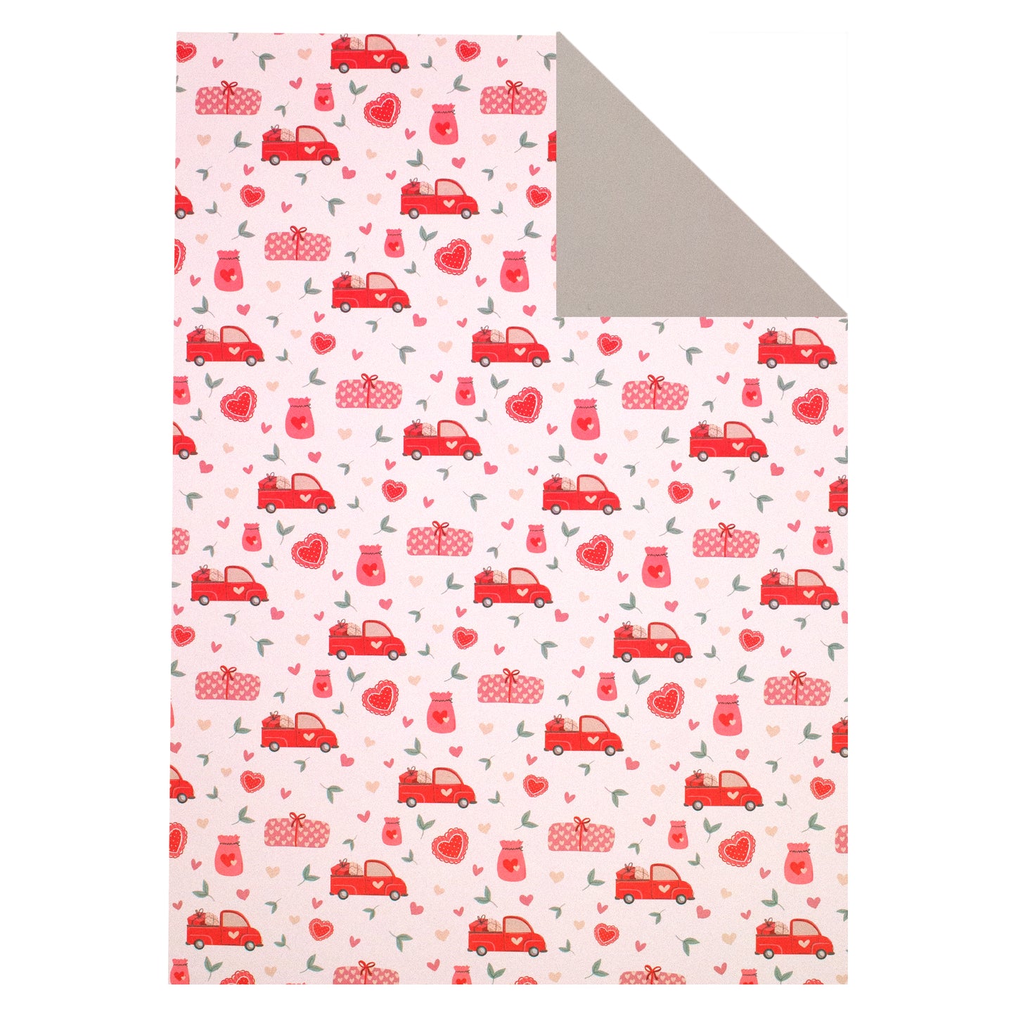 Verspielte Szene mit vielen kleinen Autos, die Geschenke transportieren, auf weißem Hintergrund. Rückseite in zartem Eierschalenfarben für flexible Gestaltungsmöglichkeiten. Weißes Designerpapier 'Auto mit Herz' von Stanzi