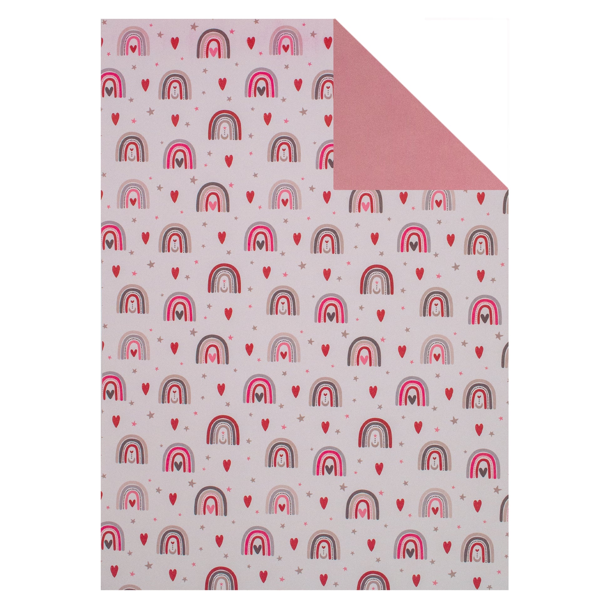 Liebevoller Regenbogen mit kleinen Herzen und Monden auf einem Hintergrund, der von leuchtendem Pink zu zartem Weiß übergeht. Rückseite in zartem Rosa für flexible Gestaltungsmöglichkeiten. Weißes Designerpapier 'Liebevoller Regenbogen' von Stanzi