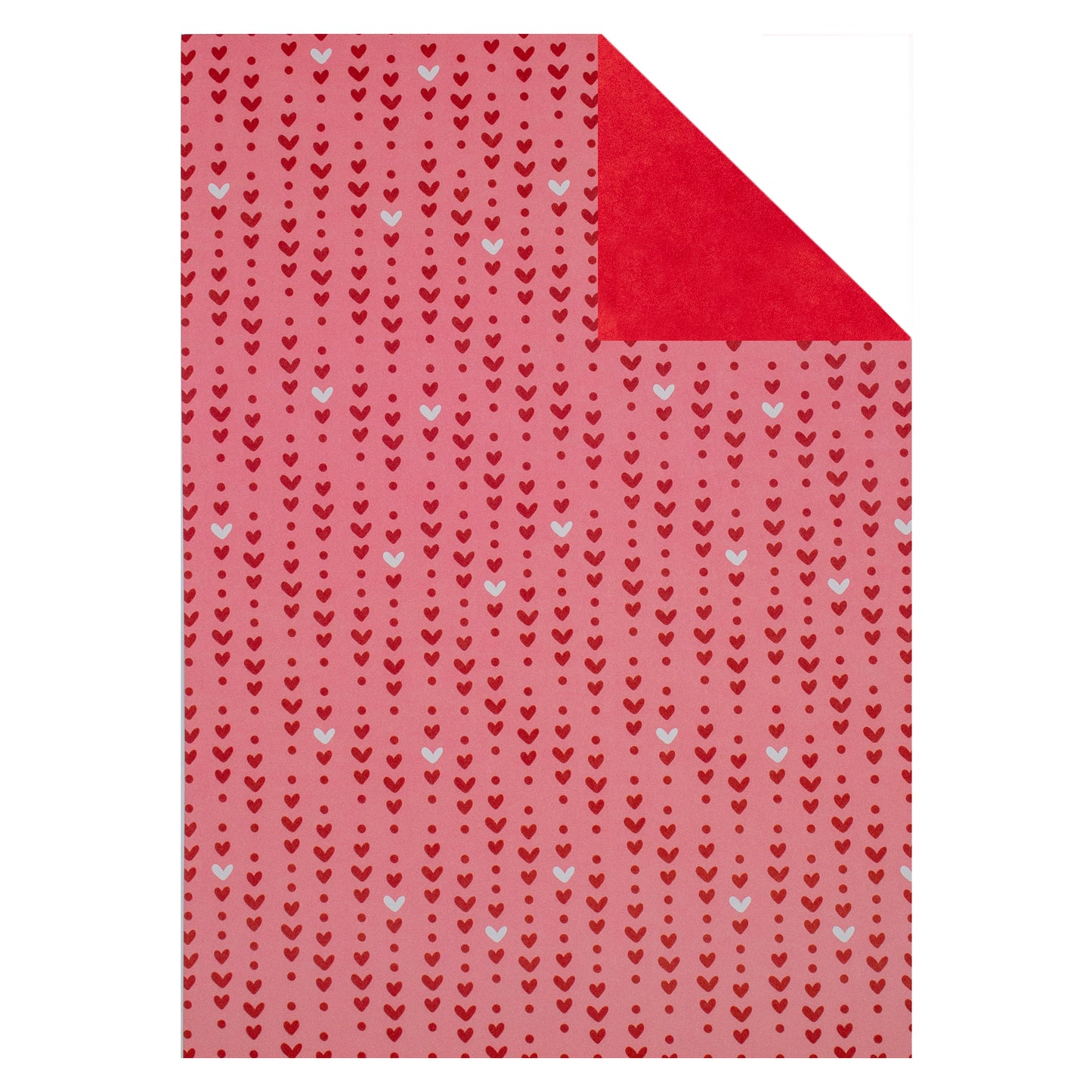 Verspielt angeordnete, kleine rote Herzen auf einem zarten rosa Hintergrund. Rückseite in feuerrotem Farbton für kontrastreiche Gestaltungsmöglichkeiten. Pinkes Designerpapier mit roten Herzen von Stanzi