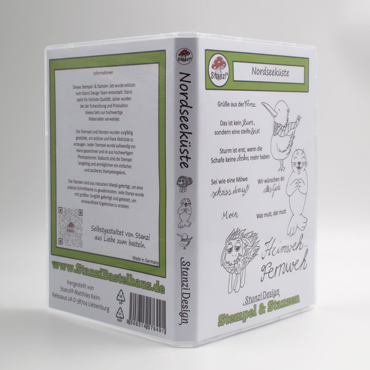 Geöffnetes Stanzi® Bastelset wie ein Buch – Vorderseite, Rückseite und Rücken im Überblick