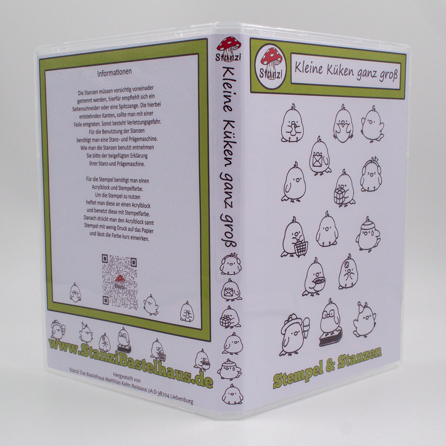 Aufgeklapptes Booklet des Küken Silikonstempel- und Stanzschablonen-Sets