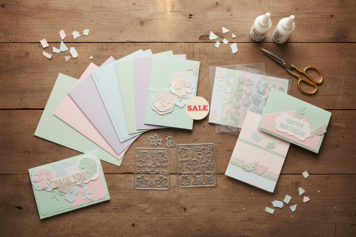 Bastelarbeitsplatz mit reduzierten Bastelprodukten wie Stanzschablonen, Stempeln, Papier und Zubehör, liebevoll arrangiert mit SALE-Schild