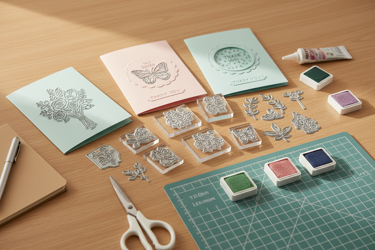 Bastelarbeitsplatz mit Clear Stamps auf Acrylblock, Stanzschablonen aus Metall, selbst gebastelten Karten und Bastelzubehör wie Schere, Kleber und Stempelkissen – liebevoll arrangiert für DIY-Karten und Scrapbooking