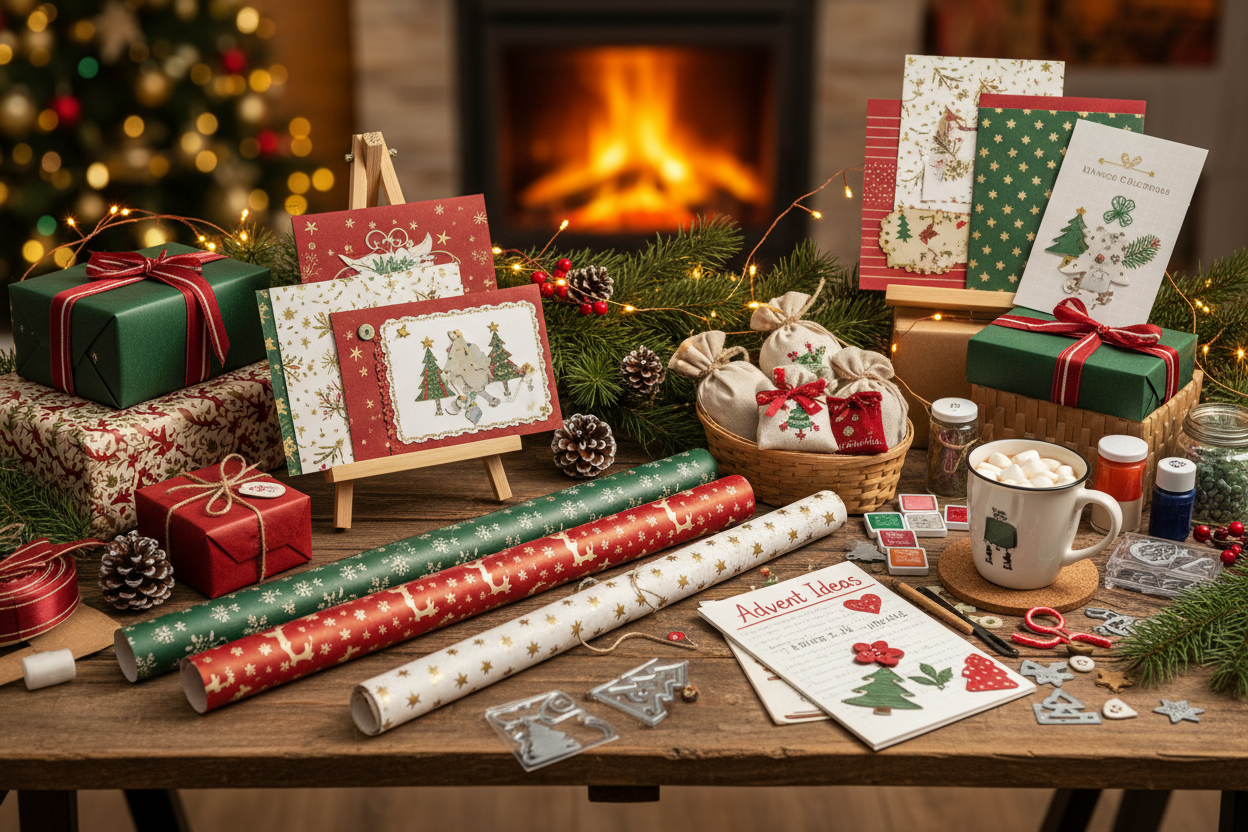 Weihnachtlich dekorierter Basteltisch mit selbst gebastelten Weihnachtskarten, Geschenkpapier, Schleifenband und Bastelzubehör wie Schere, Stempel und Papier