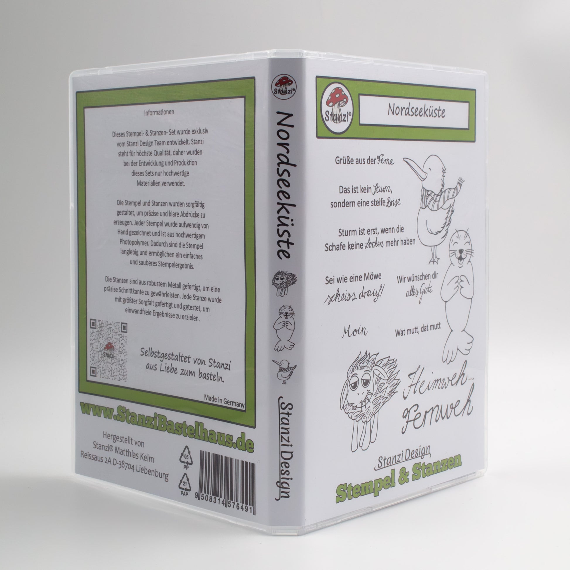 Geöffnetes Stanzi® Bastelset wie ein Buch – Vorderseite, Rückseite und Rücken im Überblick