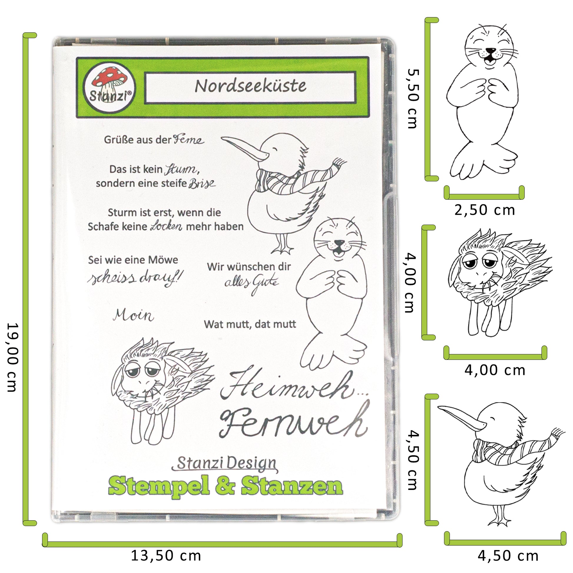 Vorderseite des Stanzi® Bastelsets mit Maßangaben, Tiermotiven und Clear Stamps Abbildungen